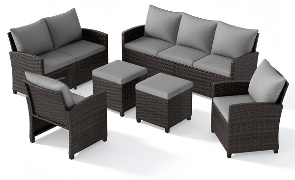 Costway Set salotto da esterno in rattan PE con divano a 3 posti divano a 2 posti, Set da giardino con 2 poltrone e 2 poggiapiedi Grigio