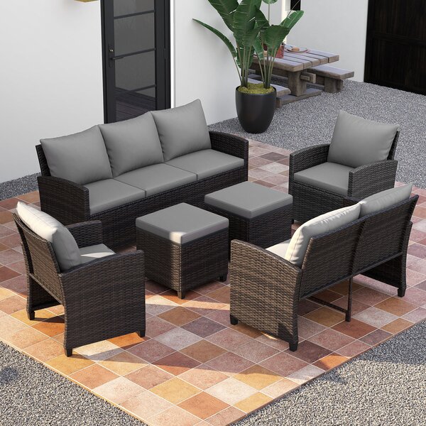 Costway Set salotto da esterno in rattan PE con divano a 3 posti divano a 2 posti, Set da giardino con 2 poltrone e 2 poggiapiedi Grigio