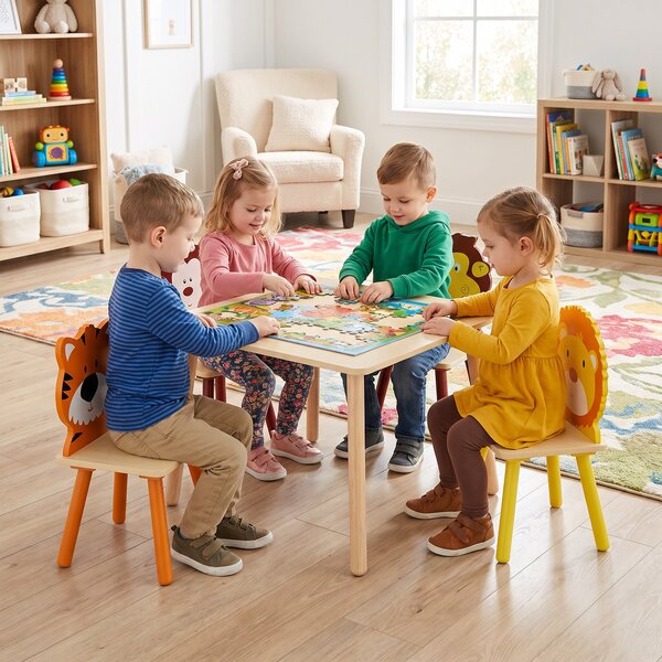 AIYAPLAY Set Tavolo e 4 Sedie per Bambini 3-8 Anni, Design di Animali, Gambe in Legno di Pino, per Cameretta, Giallo | Aosom Italy