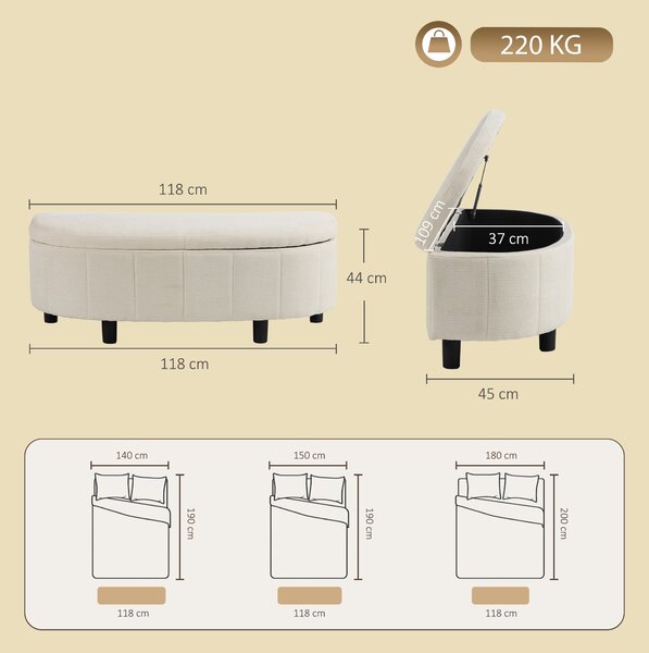 HOMCOM Panca Contenitore Semicircolare in Ciniglia 118x45x44cm, Seduta Imbottita 2 Posti, Coperchio Sollevabile, Crema | Aosom Italy
