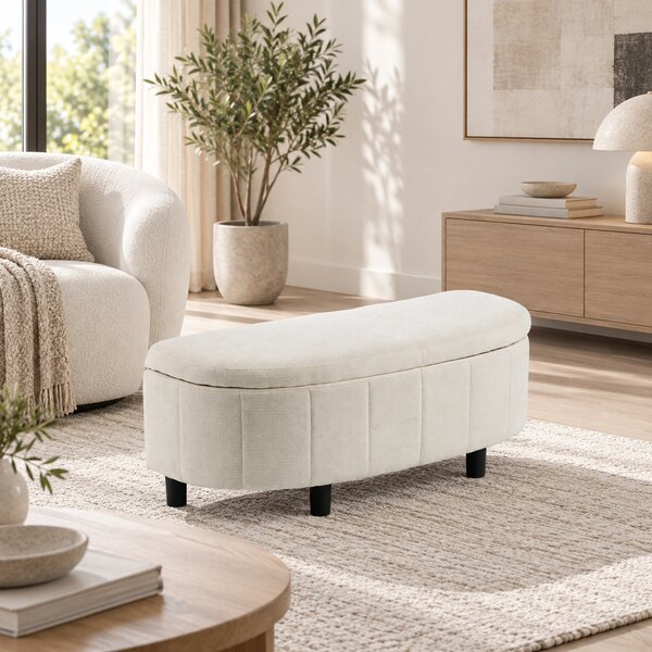 HOMCOM Panca Contenitore Semicircolare in Ciniglia 118x45x44cm, Seduta Imbottita 2 Posti, Coperchio Sollevabile, Crema | Aosom Italy