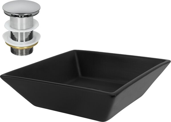 LuxeBath lavabo Lavabo da appoggio quadrato, 41x41x12 cm, nero, Vetroceramica, incl. set di scarico senza troppopieno