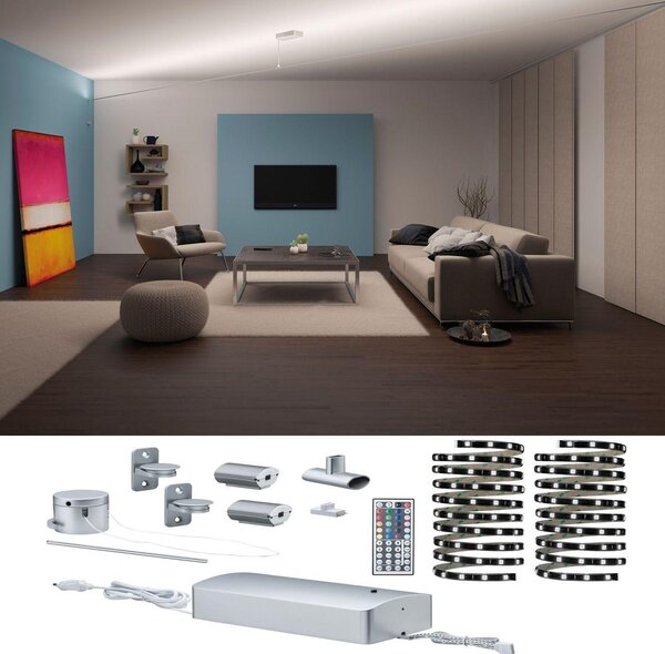 Set di strisce LED Paulmann Function Flying Stripe, RGB, 6 metri, 26,5W, 230/12V, 48VA, colore bianco/alluminio, materiale: plastica