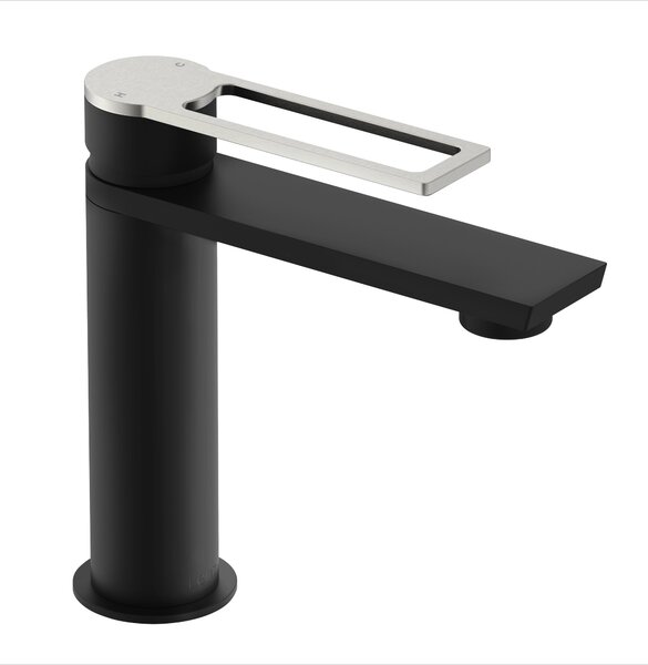 Miscelatore per lavabo Lenz MINA - Acciaio inox bicolore/nero, antimpronta, pop-up easy-clean, bocchetta girevole, 46013051