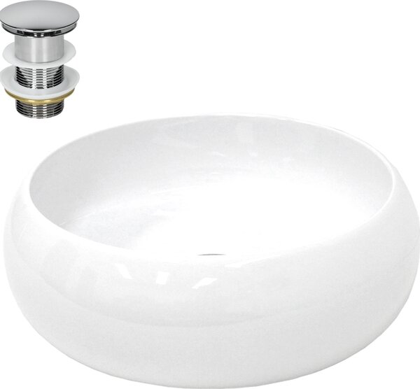 LuxeBath Lavabo Lavabo da appoggio, rotondo, 40x35x15,5 cm, bianco, in Vetroceramica, incl. set di scarico senza troppopieno