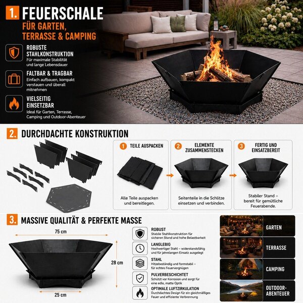 Braciere QLS 75x75 cm XXL - Braciere da esterno pieghevole in acciaio, nero, per giardino 11486