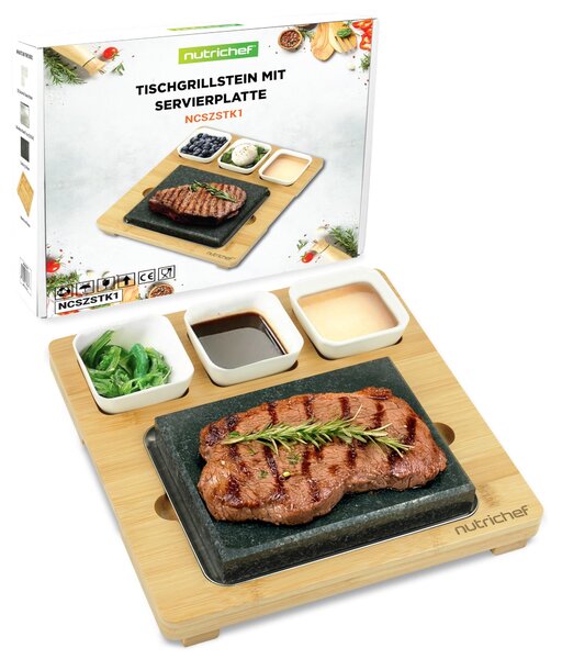Piastra grill in pietra calda NutriChef – Set per grill da tavolo con bambù e Vetroceramica, ideale