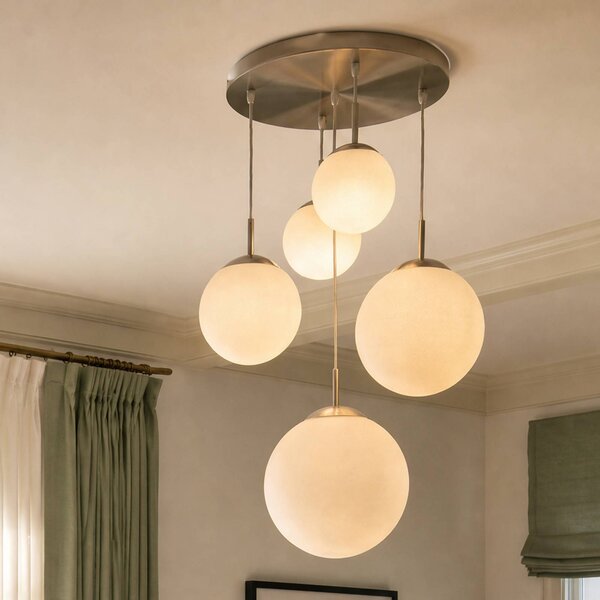 Lampada a sospensione in vetro Heleska Lindby, dimmerabile, Alluminio / Grigio / Zincato, Soggiorno / Sala da pranzo, Metallo, Moderno, Lampada a sospensione