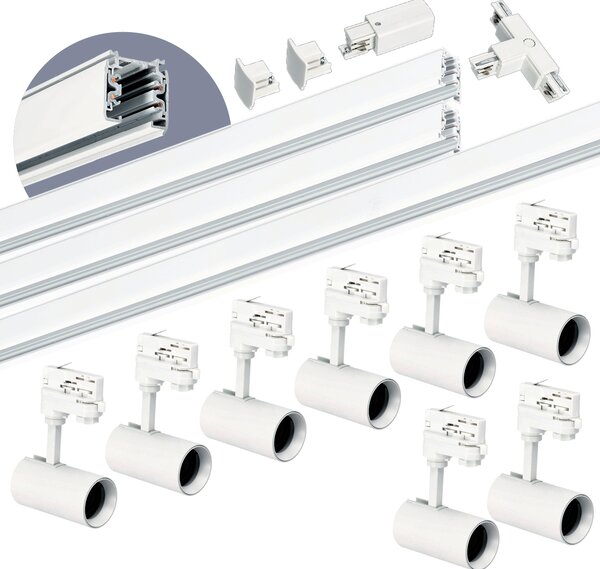 Set di binari trifase NEXTRACK - Set completo di sistema a binari con 8 faretti GU10 e binari da 1 m + 1 m + 2 m + interruttore a T BIANCO