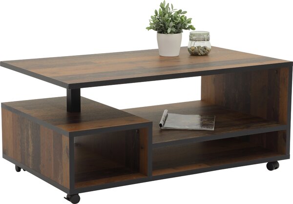 Tavolino con funzione, tavolo da soggiorno Eike - Legno vecchio / bordi neri - vani portaoggetti - su rotelle - 110x68 cm