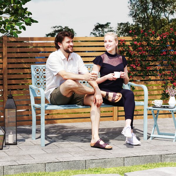 Outsunny Panca da Giardino in Acciaio, Schienale Lavorato, Braccioli, per 2 Persone, Blu