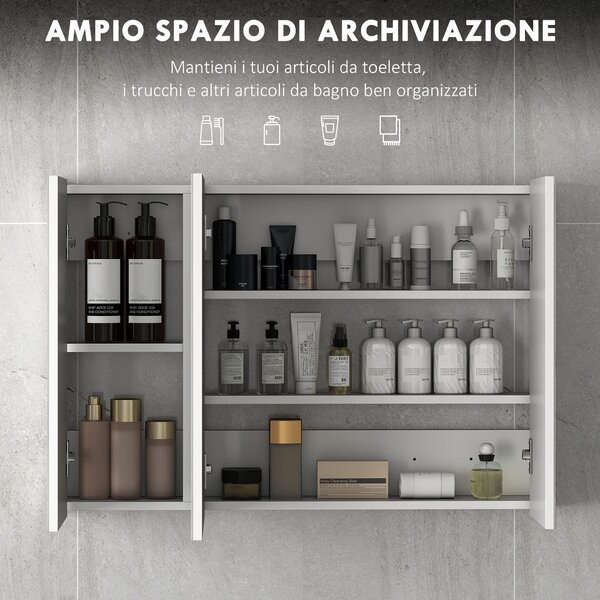 Kleankin Armadietto Pensile Bagno con 3 Ante a Specchio e Ripiani Regolabili in Legno 90x13.5x60 cm, Bianco | Aosom Italy