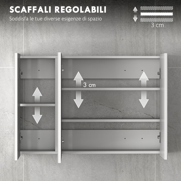 Kleankin Armadietto Pensile Bagno con 3 Ante a Specchio e Ripiani Regolabili in Legno 90x13.5x60 cm, Bianco | Aosom Italy