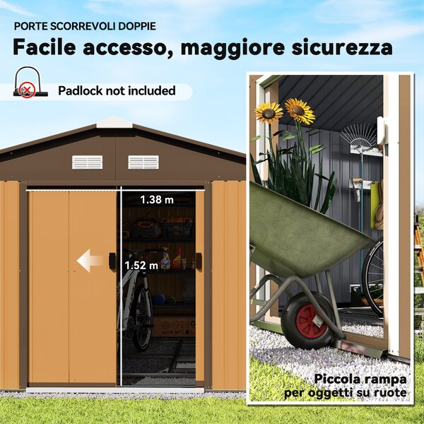 Outsunny Casetta da Giardino con 2 Porte Scorrevoli e 4 Prese d'Aria in Acciaio colorato e PP, Tetto inclinato, 340x386x200cm, Giallo | Aosom Italy