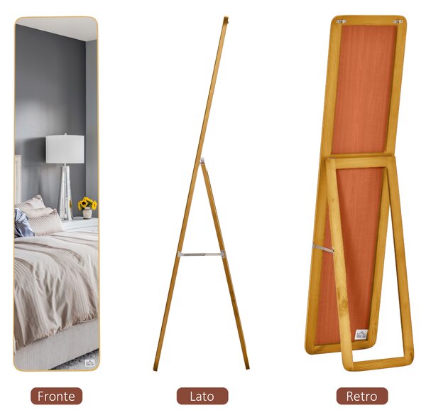 HOMCOM Specchio da Terra e da Parete con Struttura in Legno, Supporto Pieghevole con Cerniera, 37x43x156cm, Noce Chiaro|Aosom