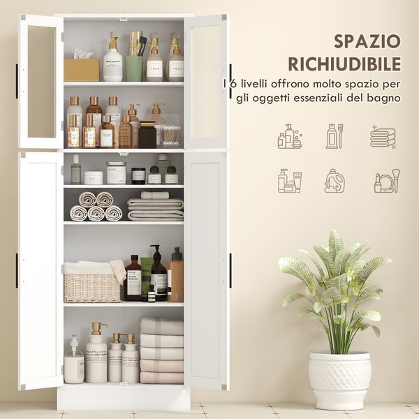 HOMCOM Mobile Bagno Alto con Ripiani Regolabili, Ante in Vetro e Legno, 60x30x170 cm, Bianco | Aosom Italy