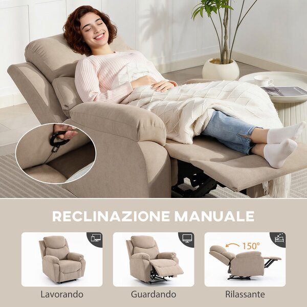 HOMCOM Poltrona Reclinabile Manuale con Braccioli Imbottiti e Poggiapiedi, Sedia in Tessuto Cuscino Spesso, Beige | Aosom Italy