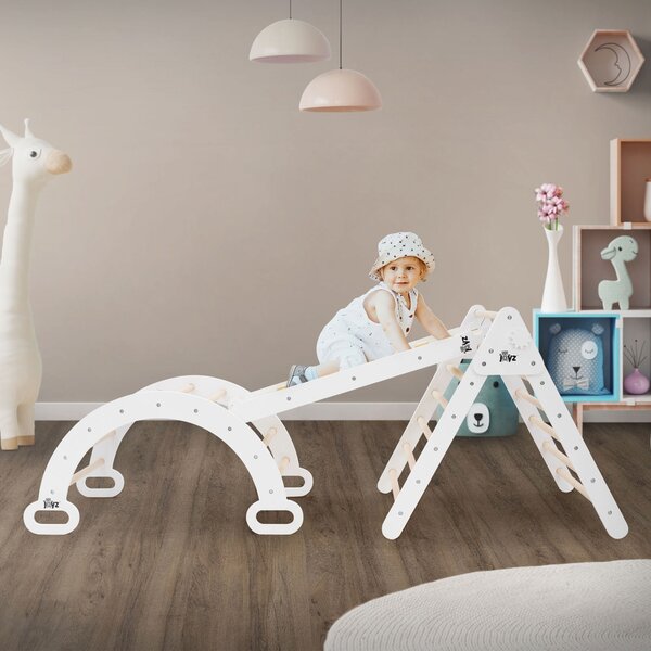 Triangolo di arrampicata Joyz 3in1 con scivolo e arco di arrampicata, bianco naturale, in legno, struttura di arrampicata Montessori per bambini dai 2 anni in su