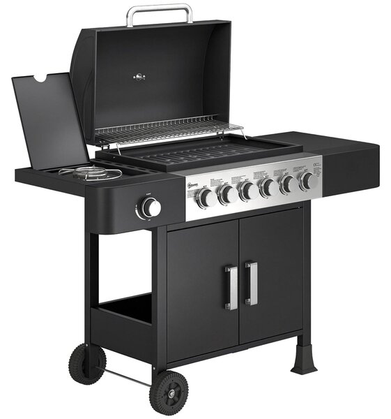 Griglia a gas da 17,8 kW con 6 bruciatori principali e 1 bruciatore laterale | Colore: nero | Dimensioni: 135x51x101 cm
