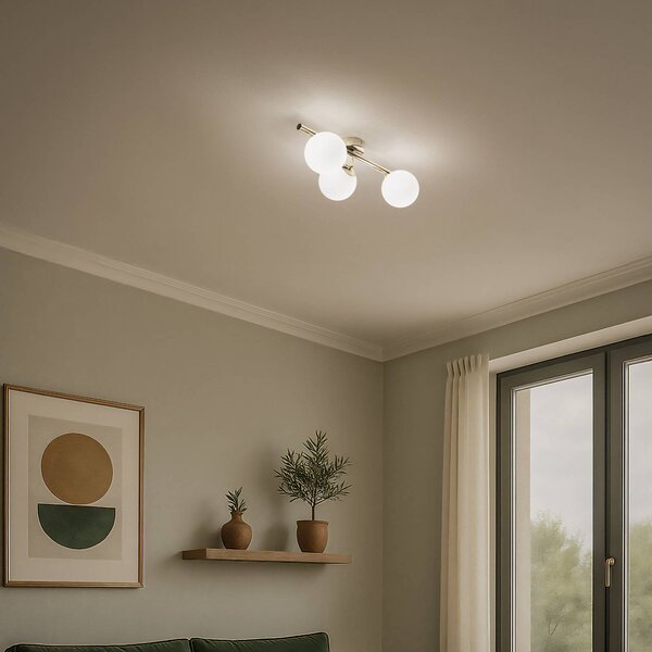 Plafoniera Drum, color oro, a 3 luci, vetro, lunghezza 46 cm Drum Domiluce, dimmerabile, Ottone / Oro, Soggiorno / Sala da pranzo, Metallo