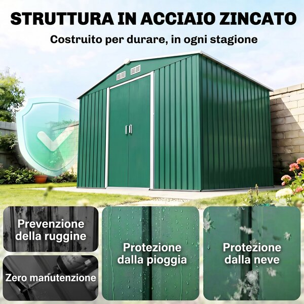 Outsunny Capanno da Giardino con Doppie Porte Scorrevoli in Lamiera di Acciaio, Casetta Attrezzi in Acciaio, 277x195x192 cm, Verde | Aosom Italy