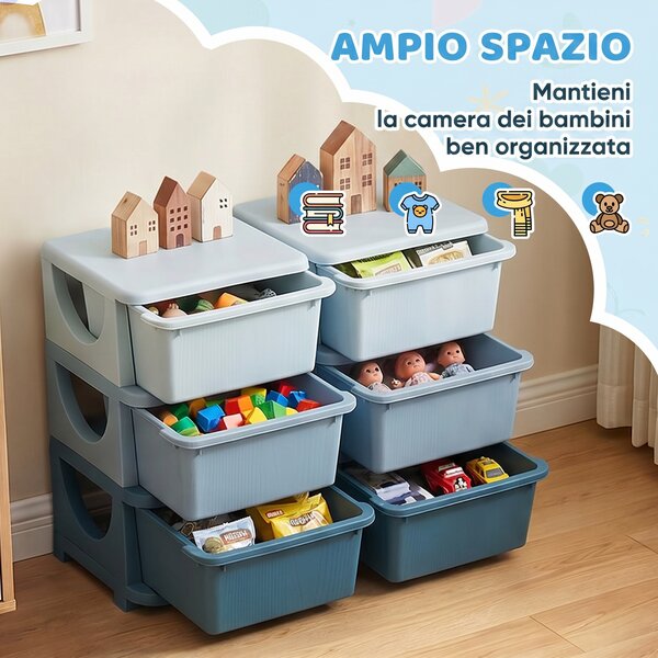 HOMCOM Cassettiera 6 Cassetti per Bambini 3-6 Anni con Bordi Arrotondati, in PP Blu, 75x37x56.5 cm | Aosom Italy
