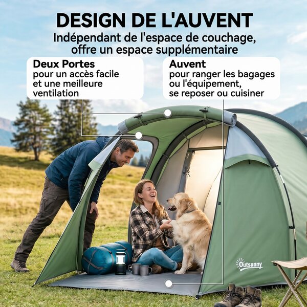 Outsunny Tenda da Campeggio 3 Posti con Ampio Vestibolo, Telo Impermeabile Porte con Cerniera, 426x206x154cm Verde Scuro|Aosom