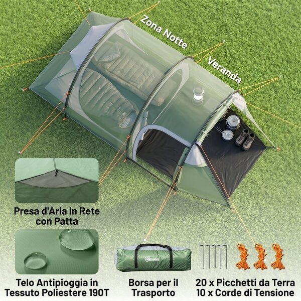 Outsunny Tenda da Campeggio 3 Posti con Ampio Vestibolo, Telo Impermeabile Porte con Cerniera, 426x206x154cm Verde Scuro|Aosom