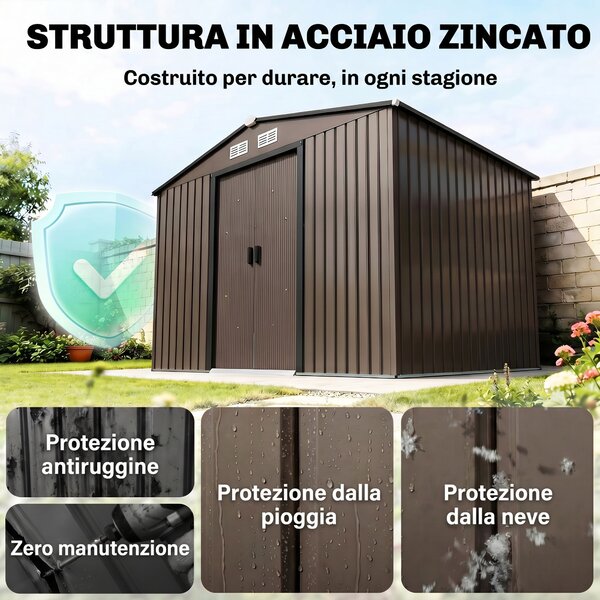 Outsunny Capanno Attrezzi da Giardino con 4 Prese d'Aria e 2 Porte Scorrevoli, Casetta in Acciaio, 277x195x192 cm, Marrone | Aosom Italy