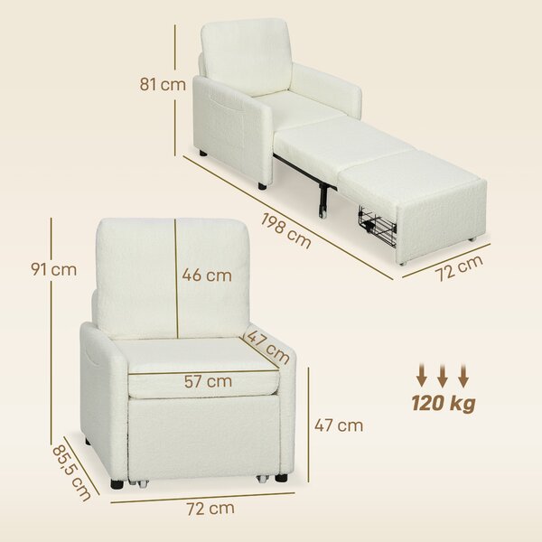 HOMCOM Poltrona letto rivestita in tessuto Teddy, 72 x 85,5 x 91 cm, Crema | Aosom Italy