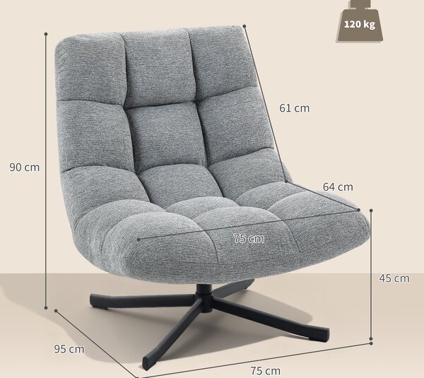 HOMCOM Poltrona da salotto senza braccioli, girevole, in tessuto di ciniglia impermeabile, seduta ampia, 75 x 95 x 90 cm, Grigio | Aosom Italy