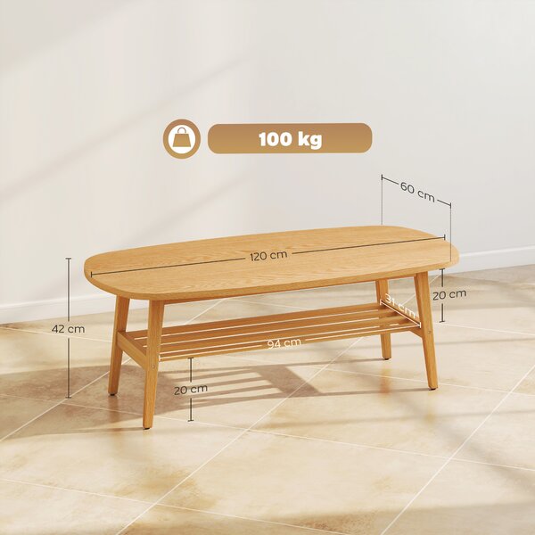 HOMCOM Tavolino Moderno con Ripiano Aperto e Gambe in Legno, Carico Massimo 100 kg, 120x60x42 cm, Legno Naturale | Aosom Italy