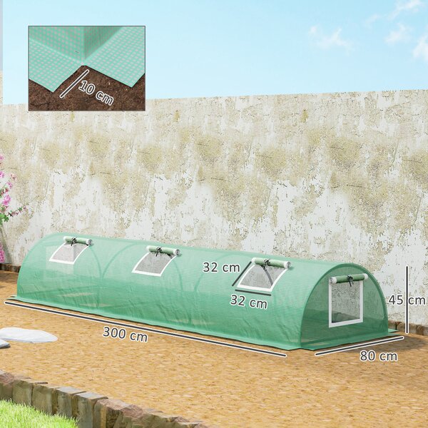 Outsunny Serra Piccola con 5 Finestrelle e Griglia Centrale, in Acciaio, PE e PP, 300x80x45 cm, Verde
