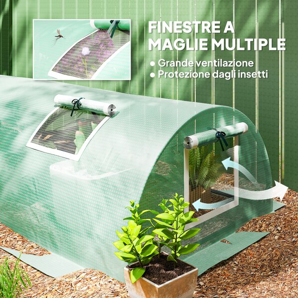 Outsunny Serra Piccola con 5 Finestrelle e Griglia Centrale, in Acciaio, PE e PP, 300x80x45 cm, Verde