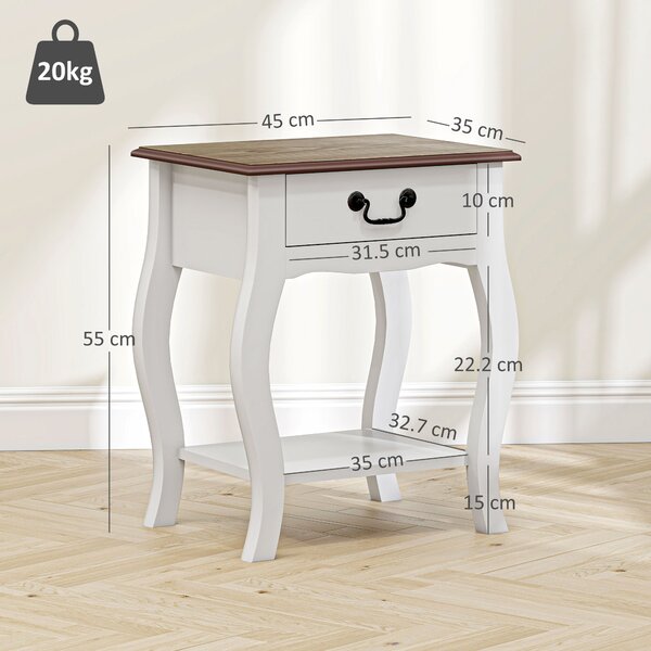 HOMCOM Comodino con Cassetto e Ripiano Aperto in Stile Francese in Legno, 45x35x55 cm, Bianco e Rovere | Aosom Italy