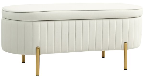 HOMCOM Panca Contenitore Ovale da 72L con Coperchio Sollevabile, in Tessuto Vellutato e Legno, 108x44x43.5 cm, Crema | Aosom Italy