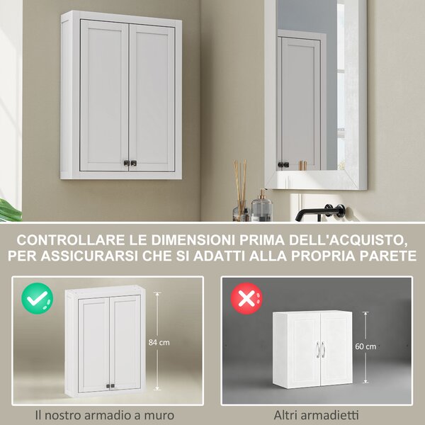 HOMCOM Mobile da Bagno a Parete in Legno con 2 Ripiani Regolabili su 3 Livelli, 61x20x84 cm, Bianco | Aosom Italy