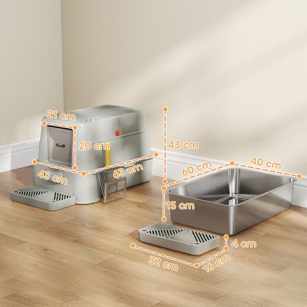 PawHut Lettiera per Gatti Chiusa da 80L con Vassoio Estraibile, in ABS e Acciaio Inox, 63x43x43 cm, Grigio Chiaro | Aosom Italy