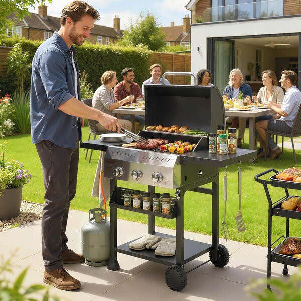Griglia a gas da 9 kW con 3 bruciatori | Colore: nero | Dimensioni: 123x57x102 cm