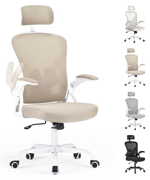 Sedia da ufficio ergonomica, sedia da scrivania con braccioli, color kaki, girevole con rotelle