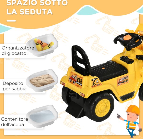 HOMCOM Escavatore per Bambini 3-4 Anni con Pinza, Pulsante per Suoni e Spazio Portaoggetti Nascosto, in PP e ABS, 83x27x39 cm, Giallo e Nero|Aosom