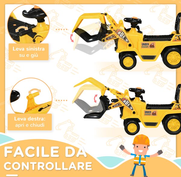 HOMCOM Escavatore per Bambini 3-4 Anni con Pinza, Pulsante per Suoni e Spazio Portaoggetti Nascosto, in PP e ABS, 83x27x39 cm, Giallo e Nero|Aosom