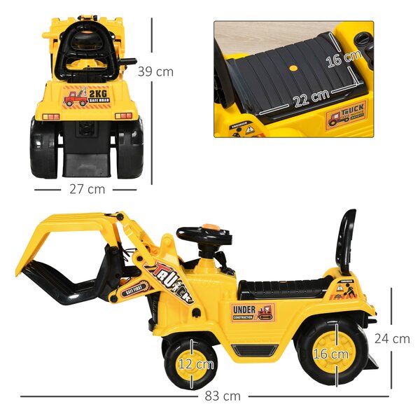 HOMCOM Escavatore per Bambini 3-4 Anni con Pinza, Pulsante per Suoni e Spazio Portaoggetti Nascosto, in PP e ABS, 83x27x39 cm, Giallo e Nero|Aosom