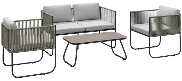 Outsunny Set da Giardino Rattan con Divanetto 2 Posti, 2 Poltrone e Tavolino in Vetro, Cuscini Sfoderabili, Grigio | Aosom Italy