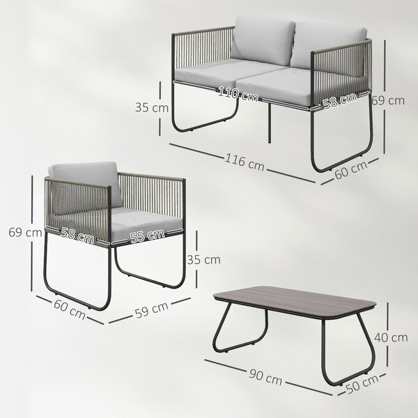 Outsunny Set da Giardino Rattan con Divanetto 2 Posti, 2 Poltrone e Tavolino in Vetro, Cuscini Sfoderabili, Grigio | Aosom Italy
