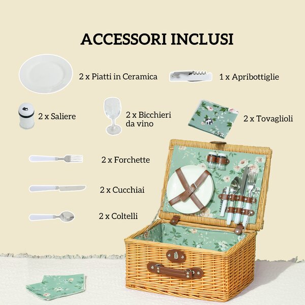 Outsunny Cestino da Picnic in Vimini per 2 Persone con Piatti, Calici, Cavatappi e Posate, 40x30x20 cm, Marrone | Aosom Italy