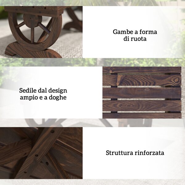 Outsunny Panca a 2 Posti da Esterno in Legno di Abete con Effetto Bruciato (98x50x39.5cm) Gambe con Design a Ruota(Ø41cm)|Aosom