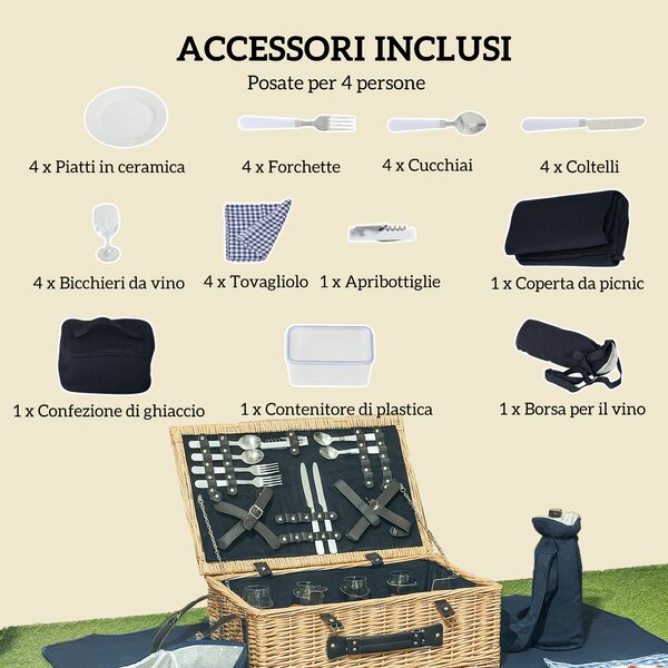 Outsunny Cesta da Pic Nic per 4 Persone con Area Frigo e Accessori, in Vimini, 54x34x20 cm, color Legno | Aosom Italy