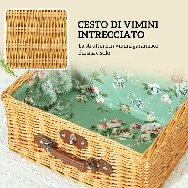 Outsunny Cestino da Picnic in Vimini per 2 Persone con Piatti, Calici, Cavatappi e Posate, 40x30x20 cm, Marrone | Aosom Italy