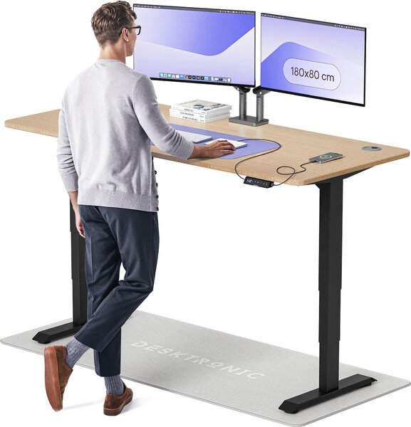 Scrivania Desktronic HomePro regolabile elettricamente in altezza 180x80cm in bambù/nero con funzione di memoria, tecnologia anticollisione, porte di ricarica USB-A e USB-C